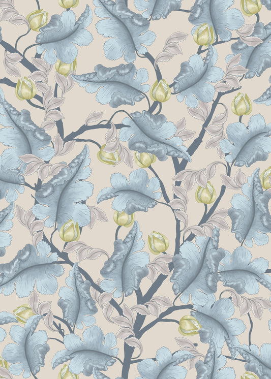 Floral Wallpaper - Ranunculus - Blue & Beige