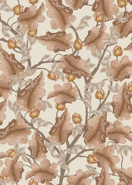 Bloemenbehang - Ranunculus - Bruin & Crème