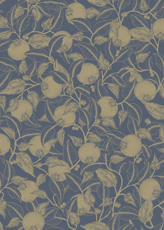 Blumen-Tapete - Granatapfel - Gold & Blau