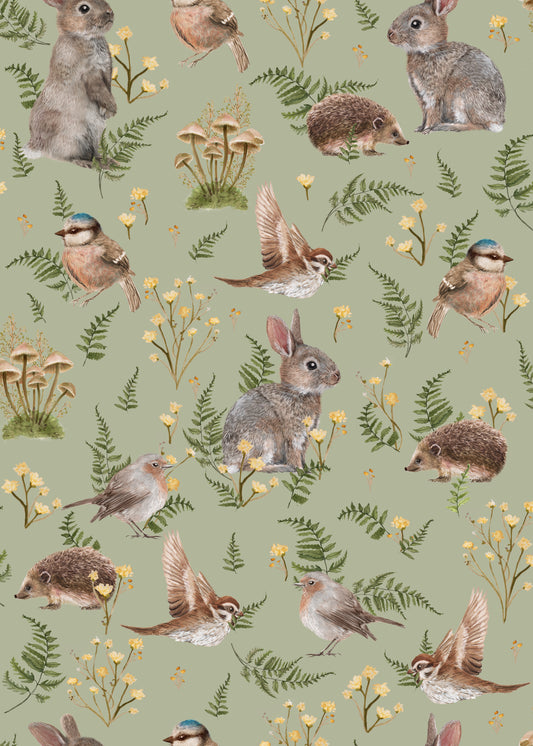 Nursery Wallpaper - Birds & Bunnies - Peppermint