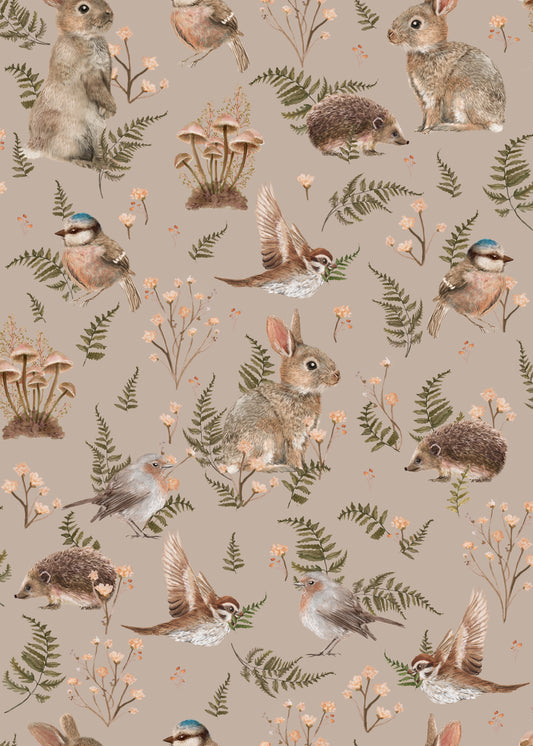 Nursery Wallpaper - Birds & Bunnies - Dusty Rose