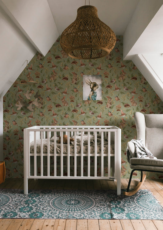 Kinderkamer Behang - Birds & Bunnies - Peppermint