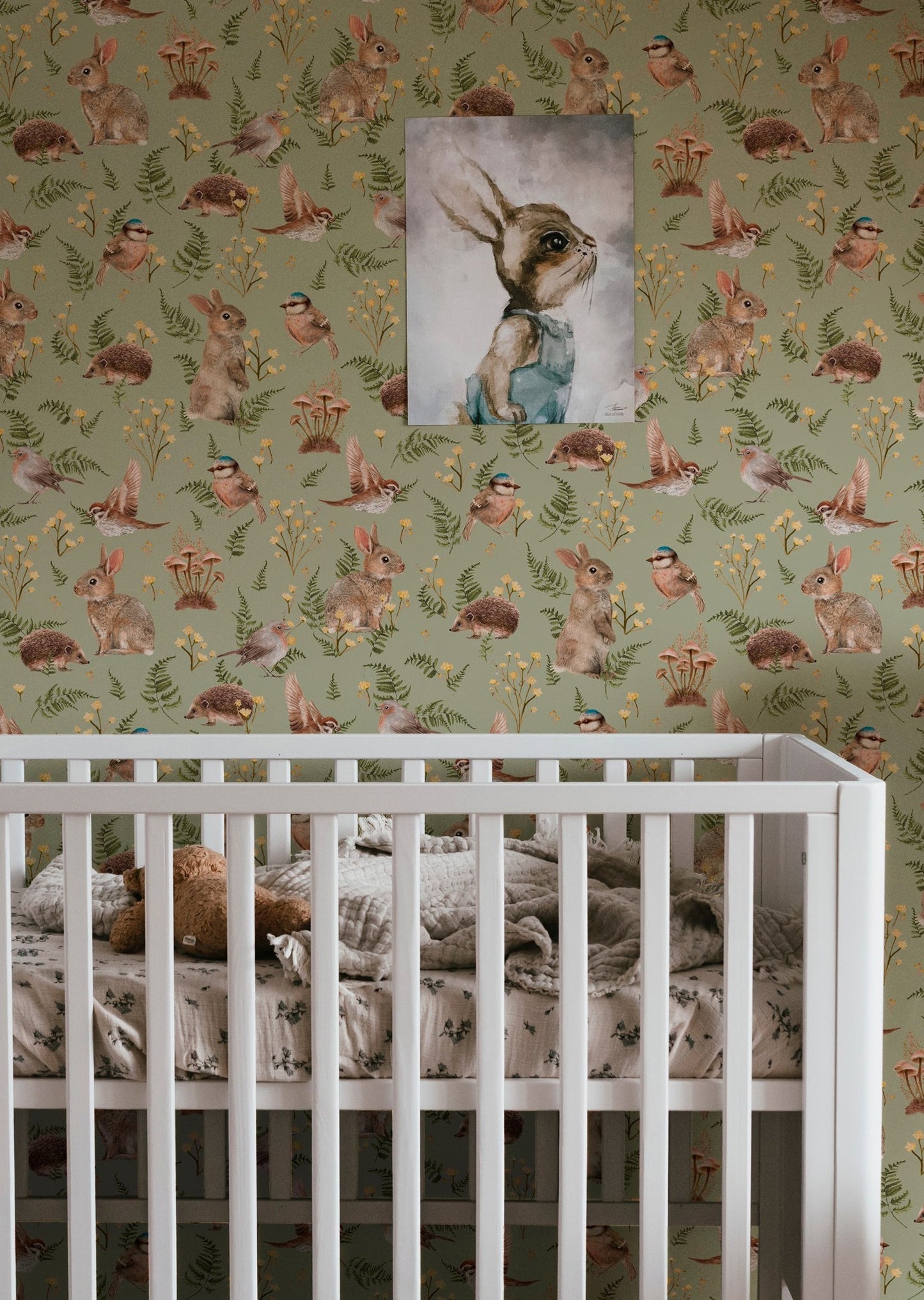 Nursery Wallpaper - Birds & Bunnies - Peppermint