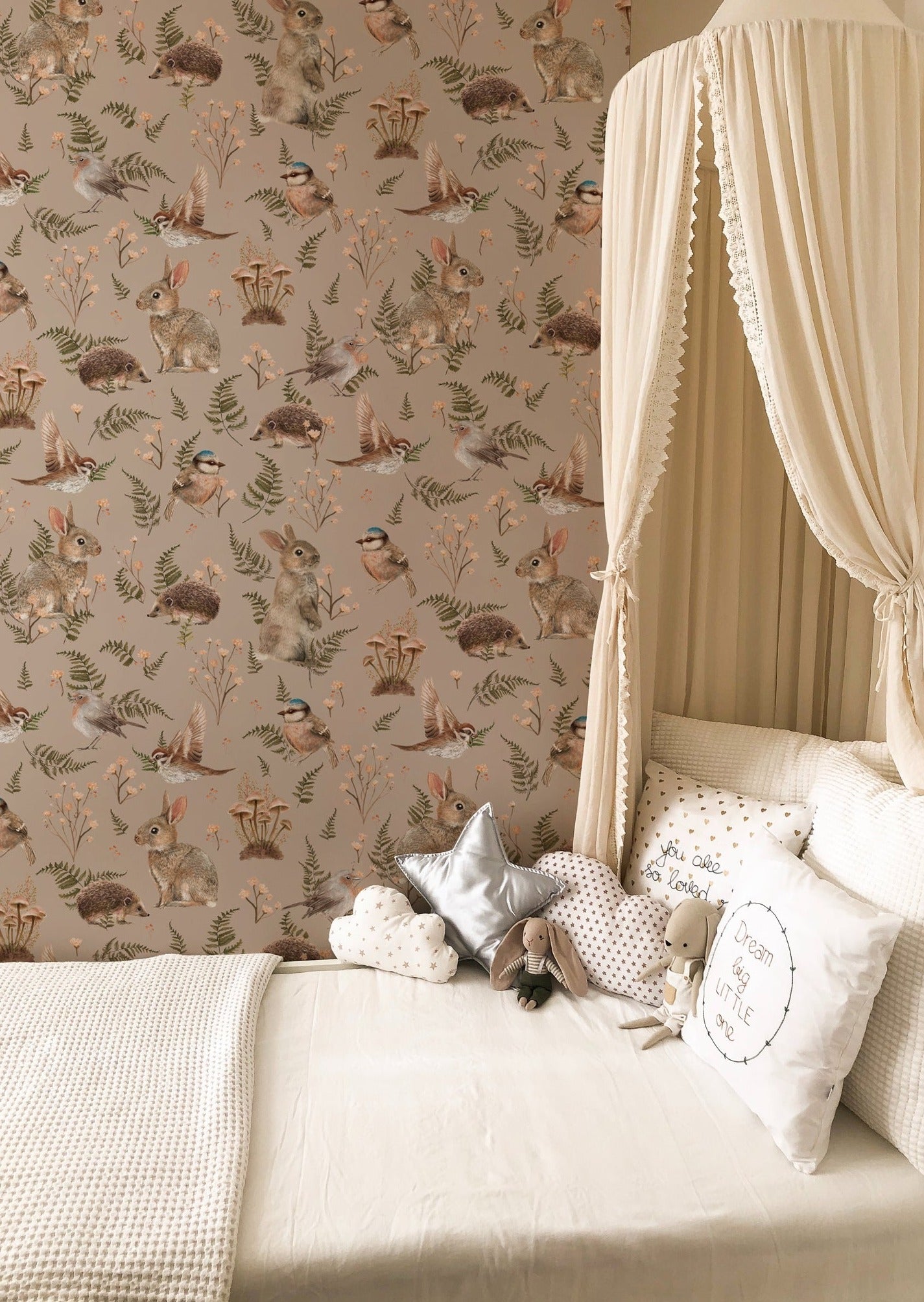 Nursery Wallpaper - Birds & Bunnies - Dusty Rose