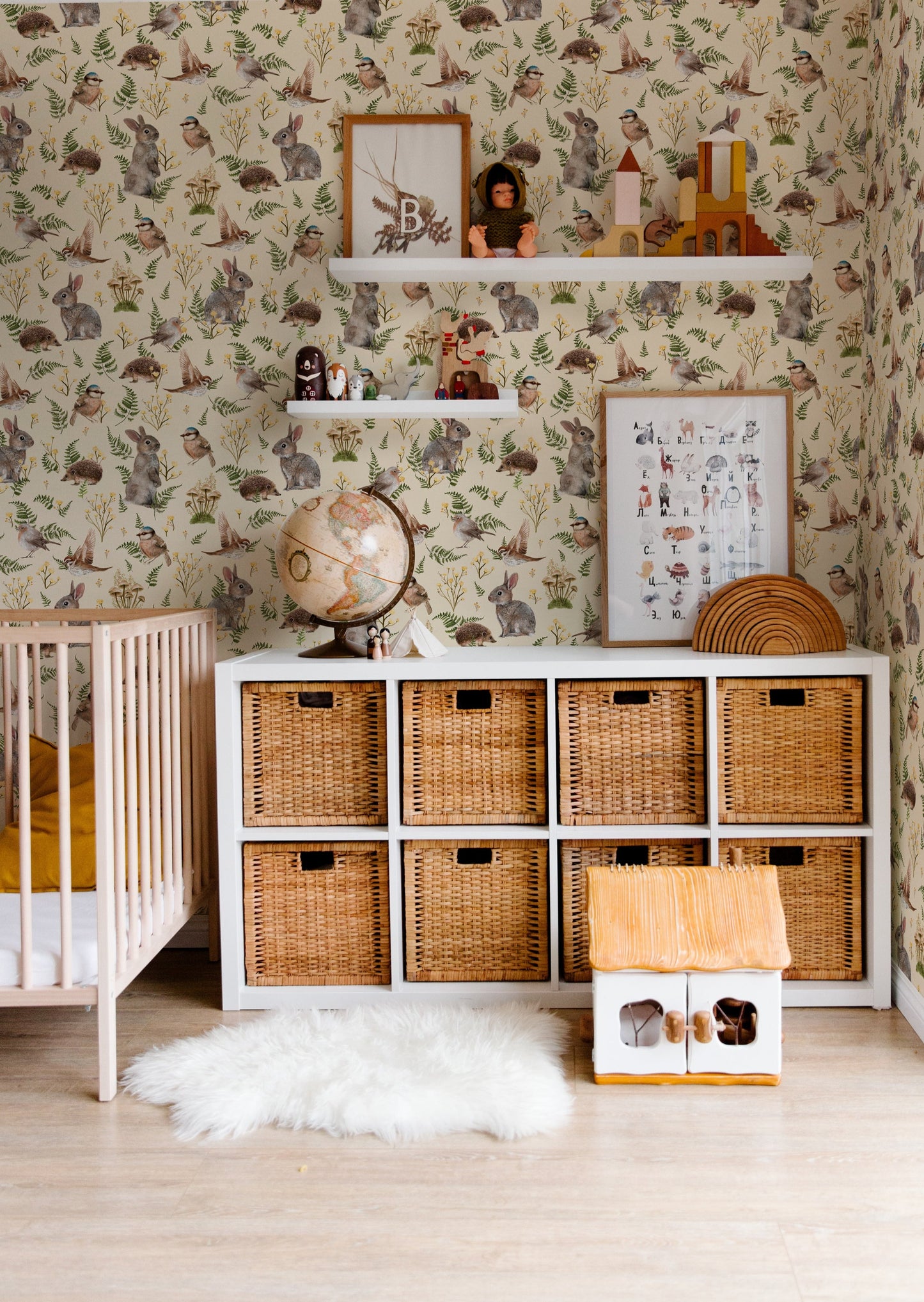 Nursery Wallpaper - Birds & Bunnies - Ecru