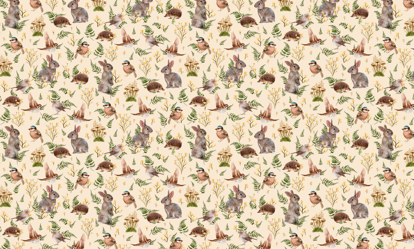 Nursery Wallpaper - Birds & Bunnies - Ecru