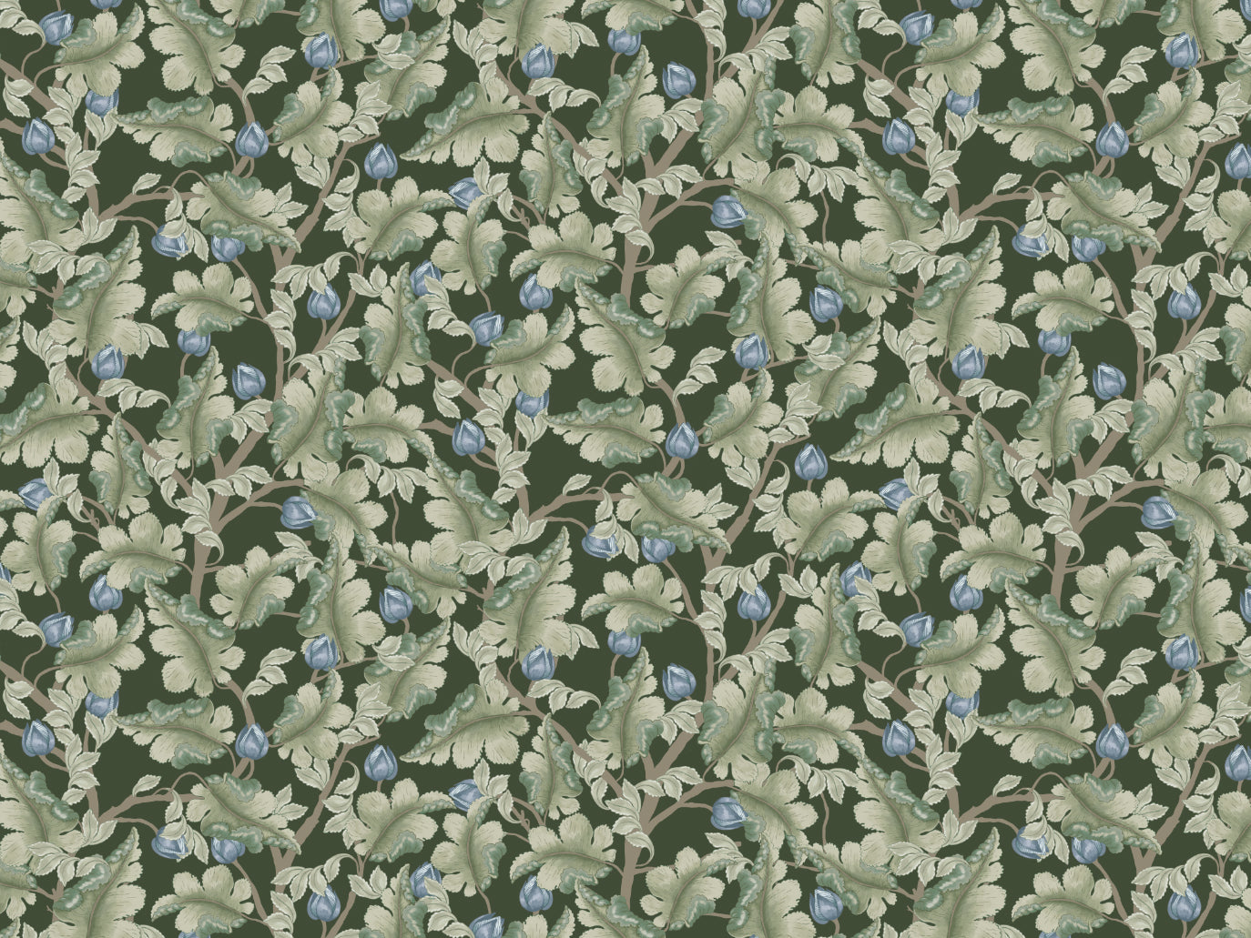 Floral Wallpaper - Ranunculus - Green & Blue