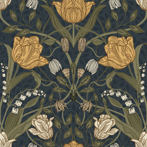 Midbec Wallpaper - Filippa Tulip Garden - Gold / Midnight Blue