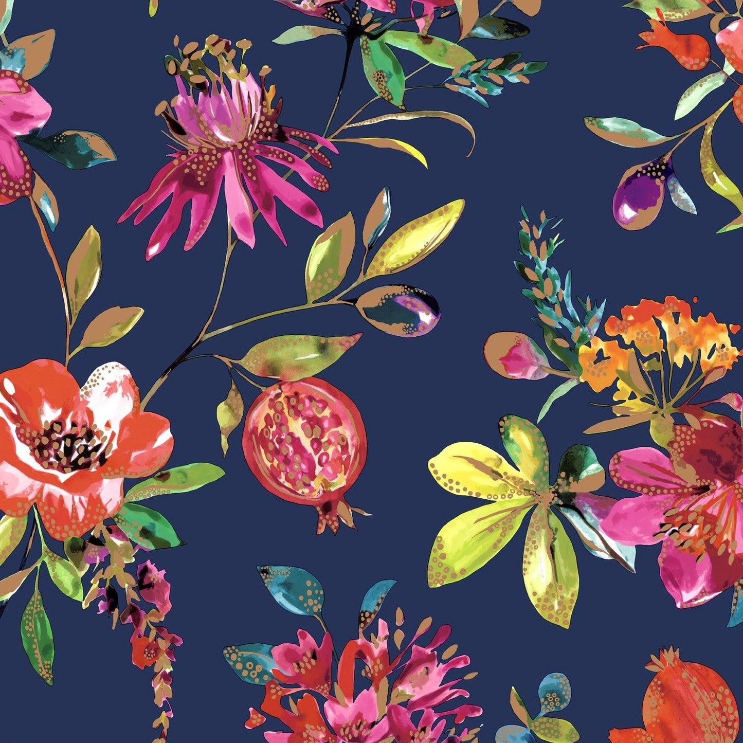 Floral Wallpaper - Flowers & fruits in dark blue