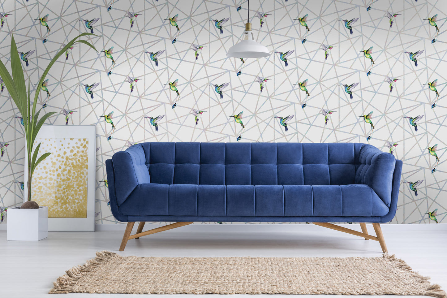 Geometric Wallpaper - silver with birds