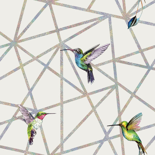 Geometrisch behang - zilver met vogels