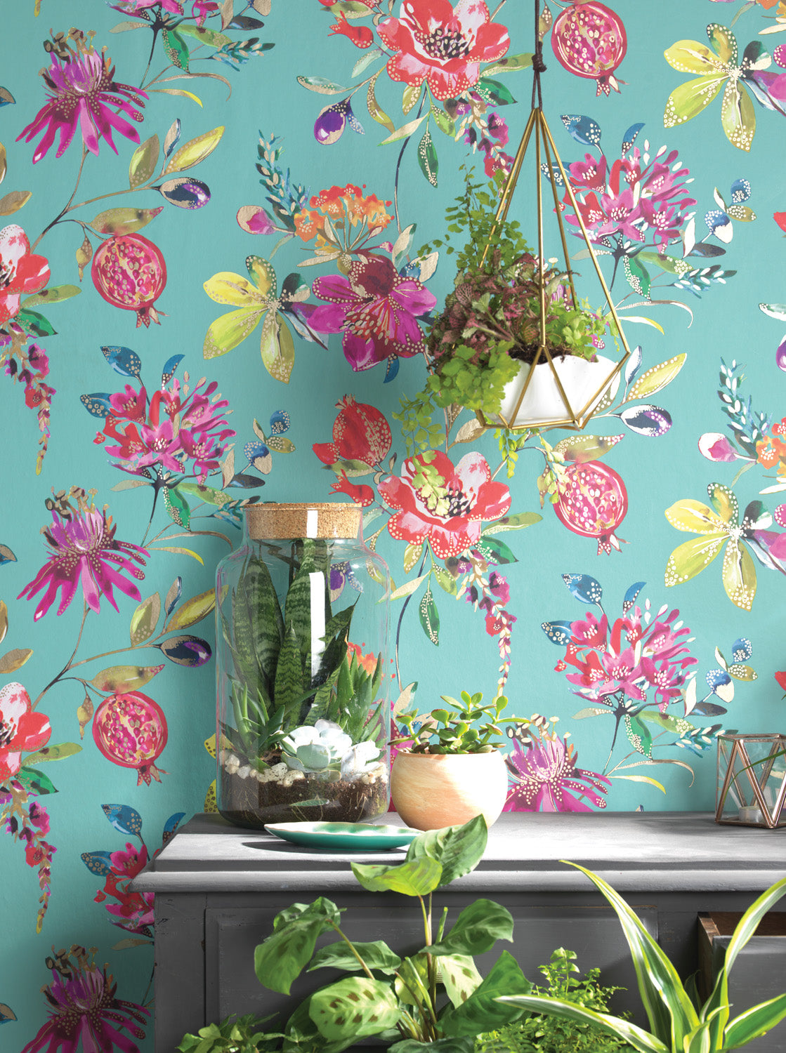 Floral Wallpaper - Flowers & fruits in grey