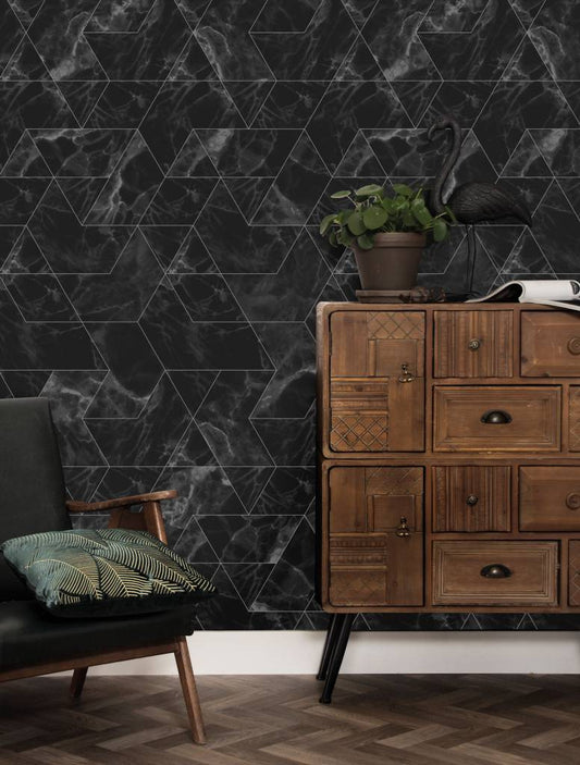 Geometric Wallpaper - Geometric Marble, Black