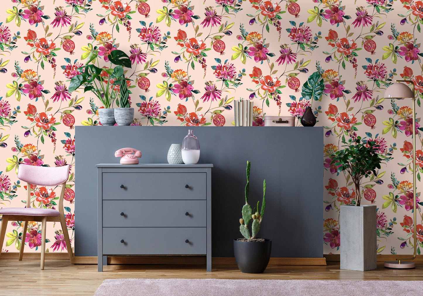 Floral Wallpaper - Punica - Flowers & fruits in light pink
