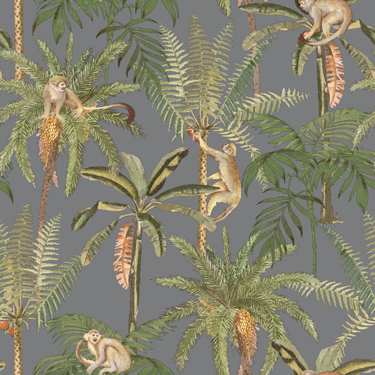 Wallpaper palms & monkeys in silver