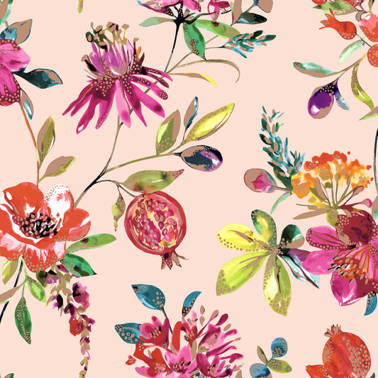 Floral Wallpaper - Punica - Flowers & fruits in light pink