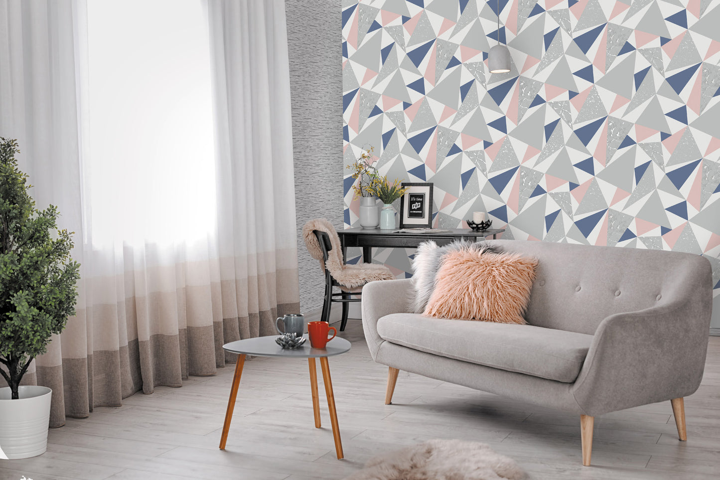 Geometrisch behang - grijze, blauwe en roze vormen