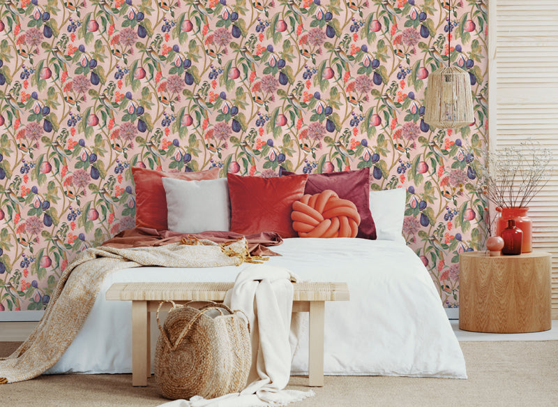 Floral Wallpaper - Flowers & birds in pink