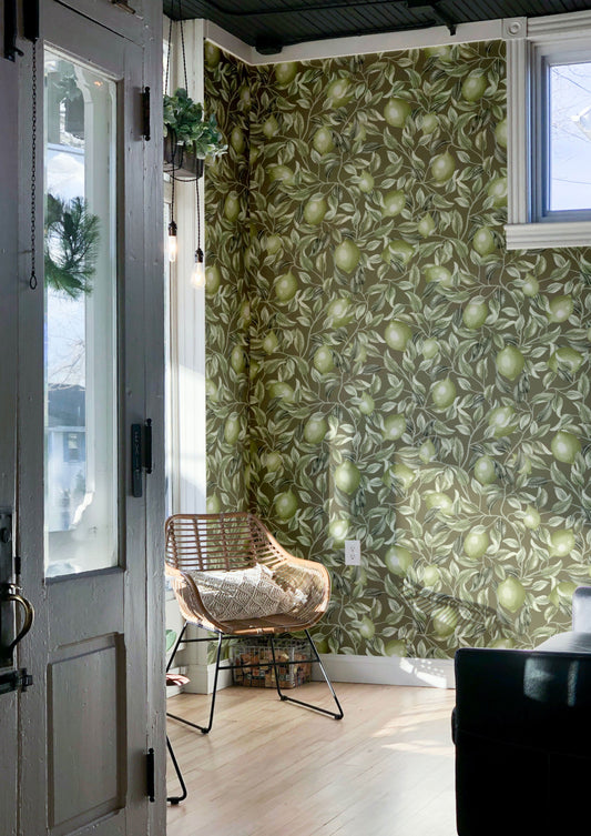 Summer Gray Wallpaper - Lemon Trees - Olive Green