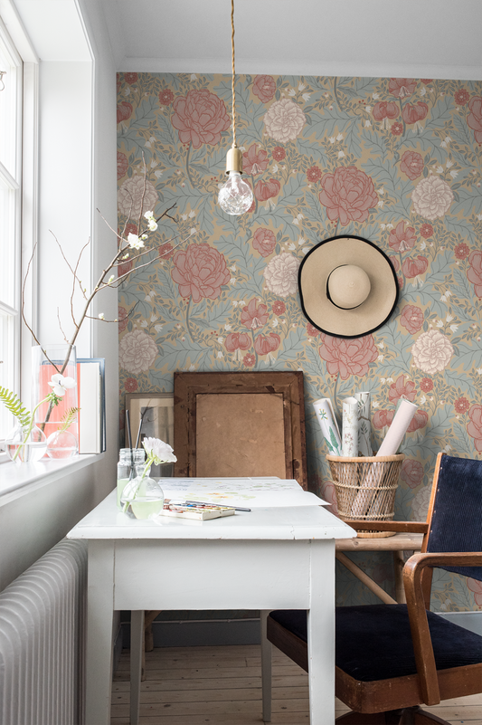 Bloemenbehang - Camellia - Lichtgrijs