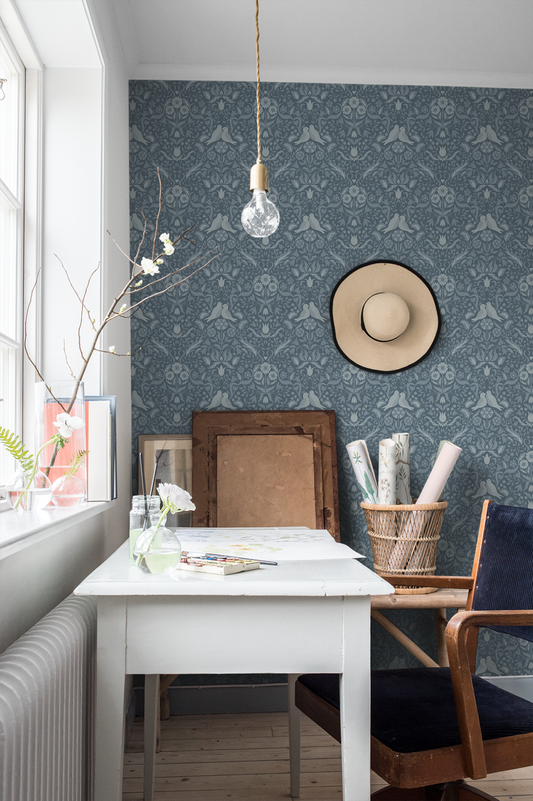 Bloemenbehang - Vogels & Bloemen 'Niki' - Blauw