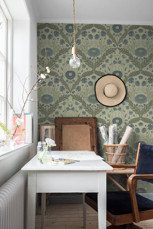 Bloemenbehang - Marguerite, Flowers & Leaves - Lichtgroen