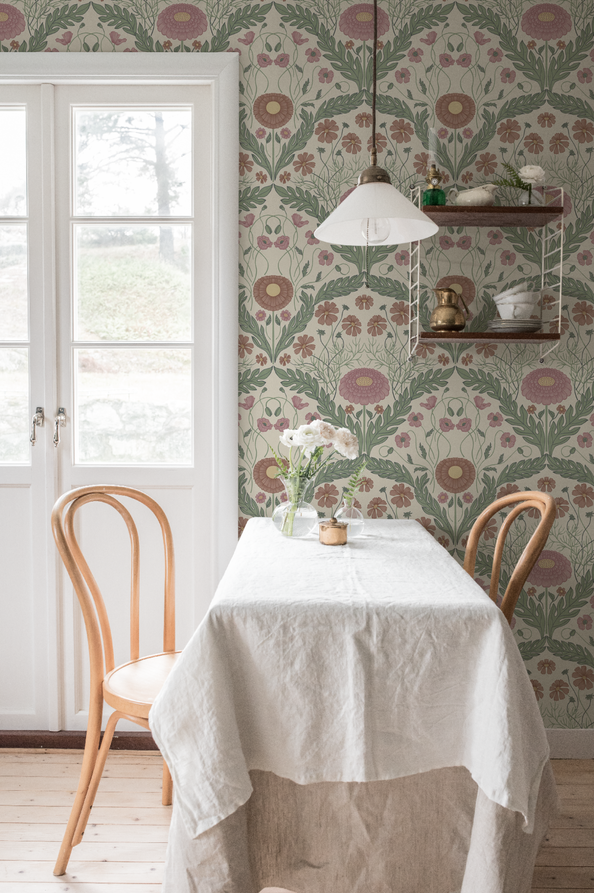 Bloemenbehang - Marguerite, Bloemen & Bladeren - Roze & Groen