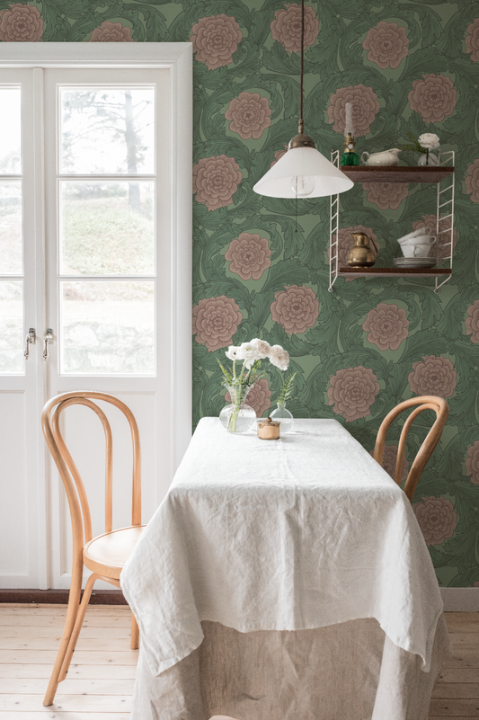 Bloemenbehang - Bloemen & Bladeren - Groen & Roze